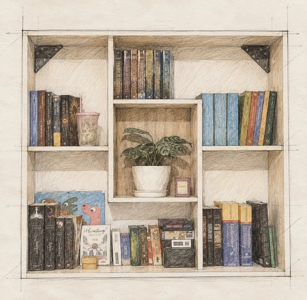 Boceto a lápiz y color de una biblioteca flotante con libros y una planta