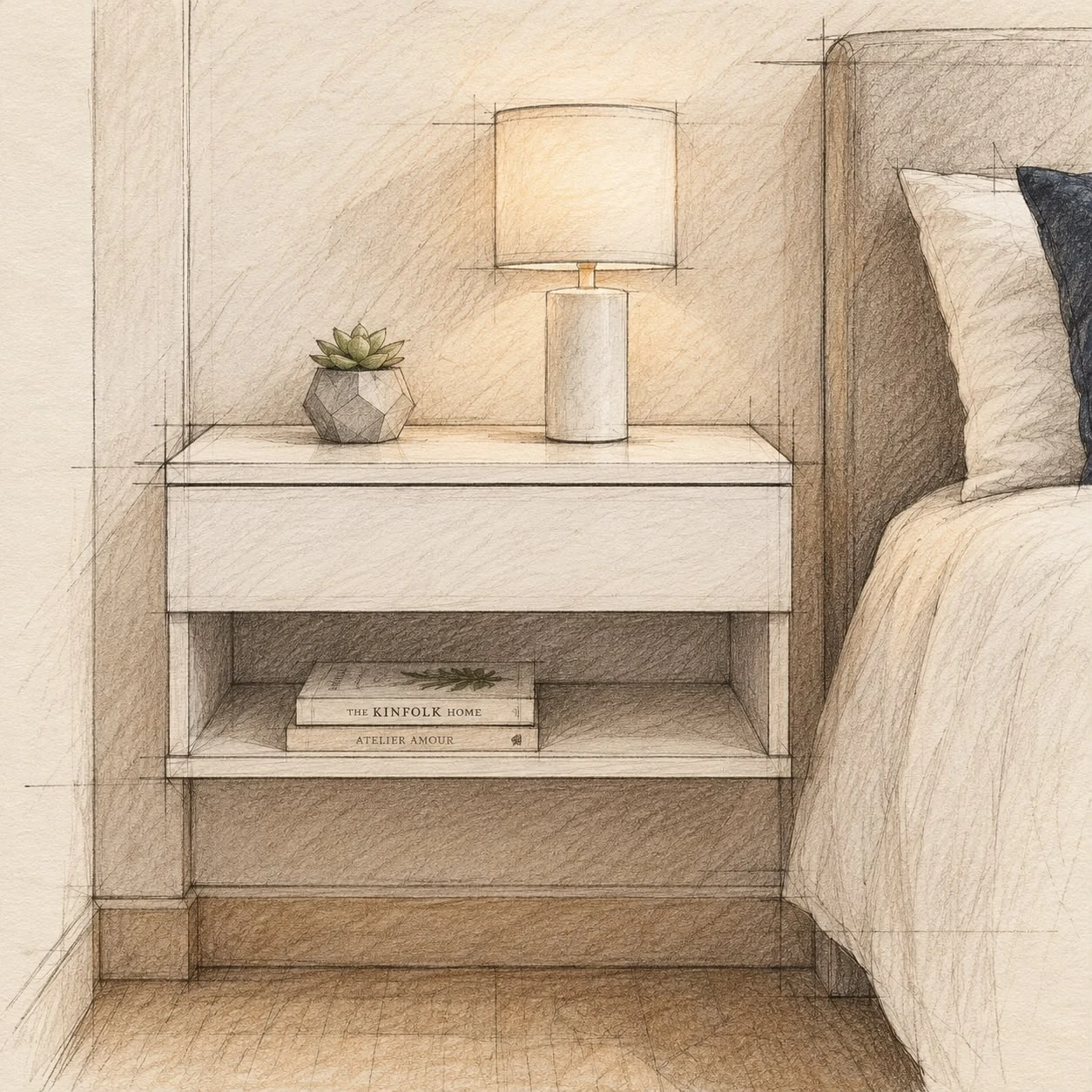 Boceto a lápiz: Mesa de luz flotante blanca con cajón y estante abierto