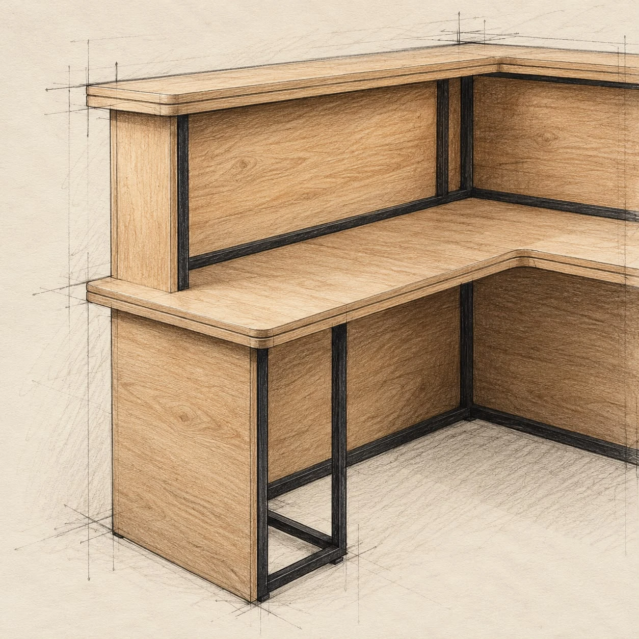Boceto a lápiz: Detalle del mostrador de recepción industrial en melamina y hierro