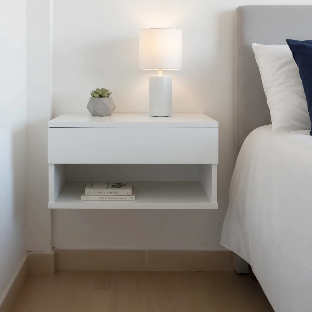 Mesa de luz flotante blanca con cajón y estante abierto